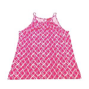 Britt Pink and White Sleeveless Geometric Print Halter Top, Size L